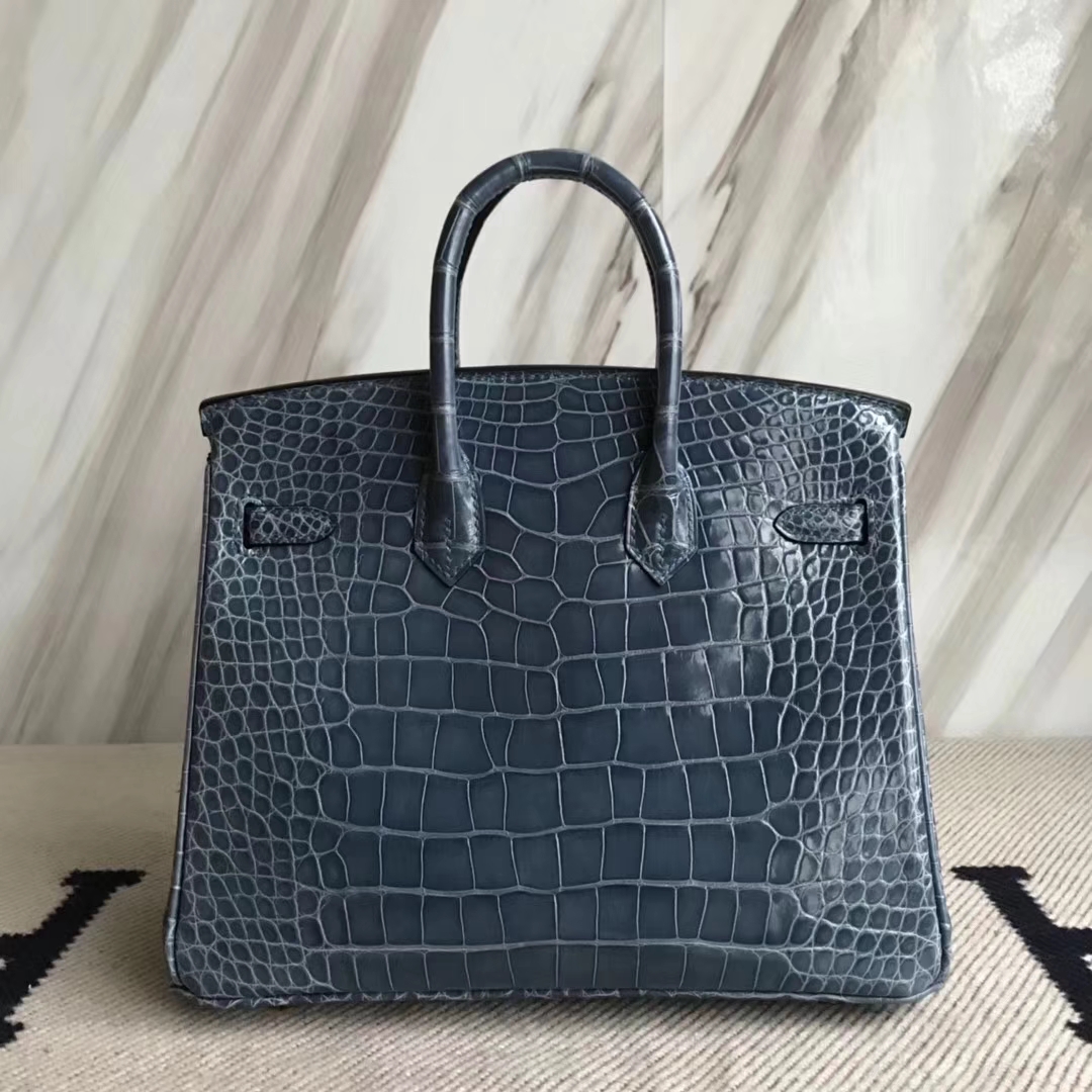 広州バッグ卸売エルメス1Pダックブルー光沢のあるクロコダイルレザープラチナバッグBirkin25CMゴールドバックル