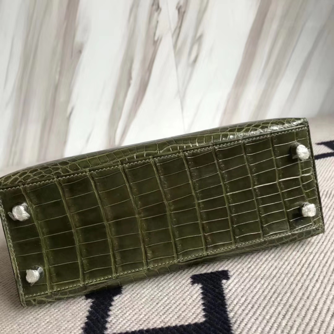 スポットエルメスバッグ価格エルメス光沢のあるクロコダイルスキンケリーバッグKelly25CM6Hオリーブグリーンシルバーバックル