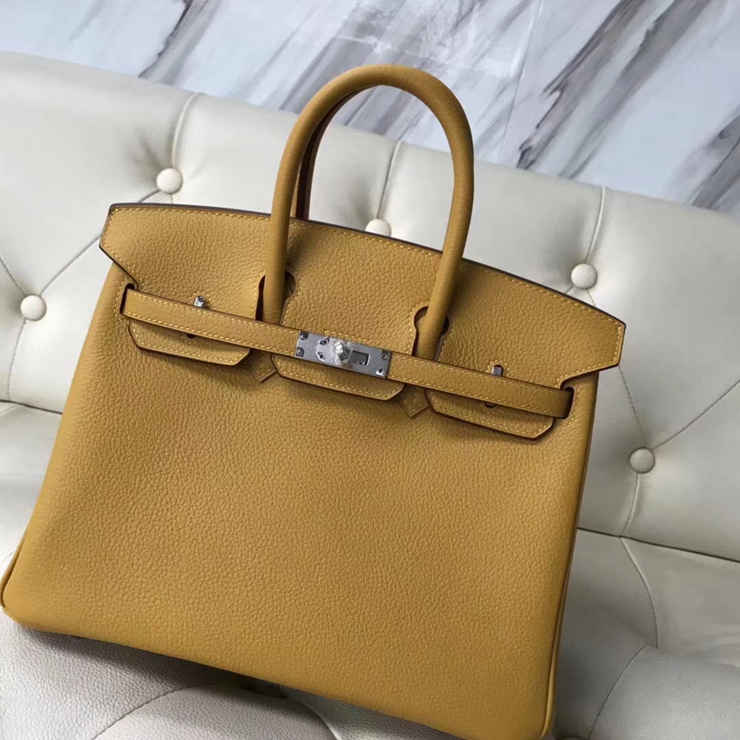 エルメスバーキンバッグエルメスオリジナルロイヤルカーフスキンプラチナバッグBirkin25CM9Dアンバーイエローシルバーバックル