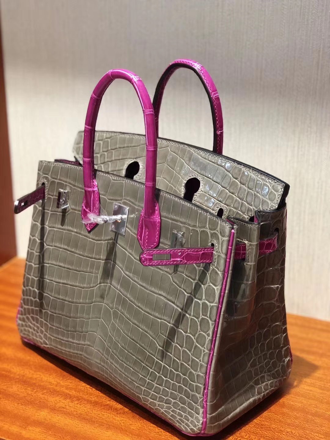 エルメスカラーマッチングプラチナバッグBirkin25CMCK81タートルドーブグレー/J5アラビアンナイトピンクパープルシャイニークロコダイルレザー