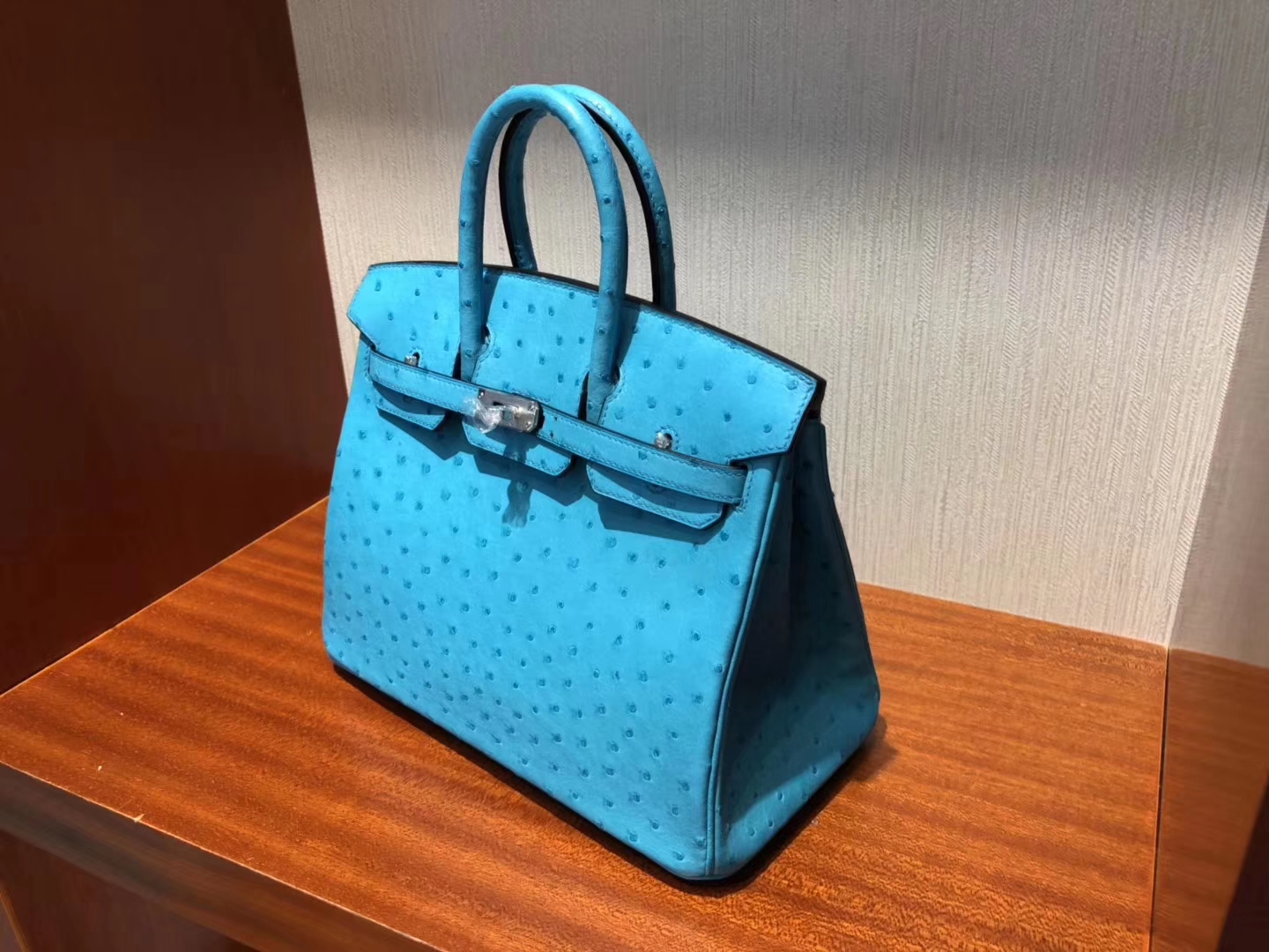 スポットエルメスバーキンレディースバッグエルメストップKKオーストリッチレザープラチナバッグBirkin25CM3Pマカロンブルーシルバーバックル