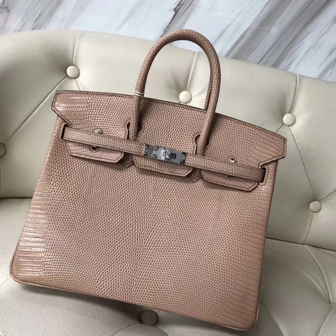 エルメスバーキンバッグエルメス輸入光沢リザードスキンプラチナバッグBirkin25CMCC24ミルクティーシルバーバックル