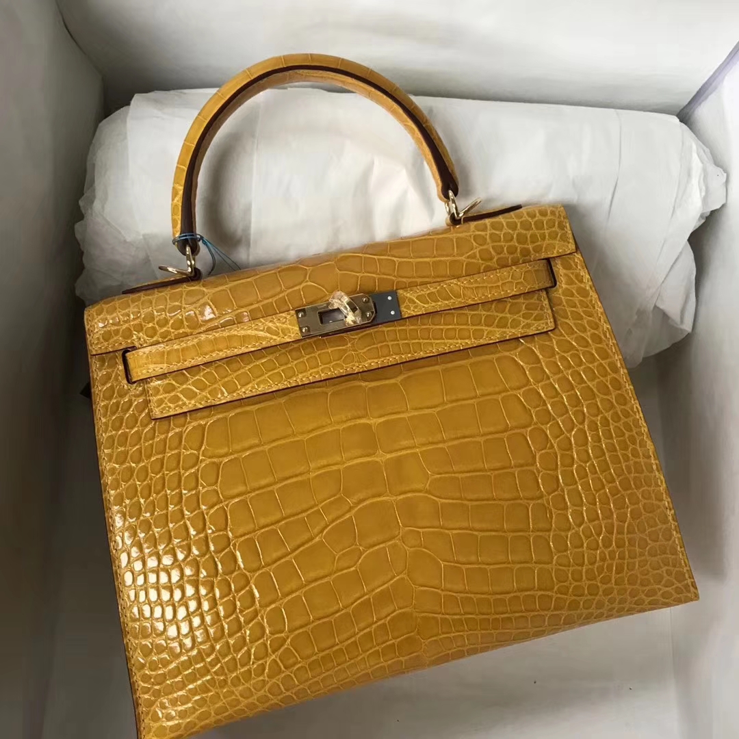 エルメスケリーバッグサイズエルメスケリー25CM9Dアンバーイエローシャイニークロコダイルレザーゴールドバックル