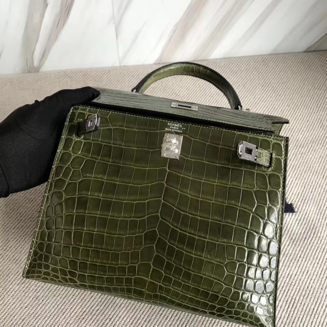 スポットエルメスバッグ価格エルメス光沢のあるクロコダイルスキンケリーバッグKelly25CM6Hオリーブグリーンシルバーバックル