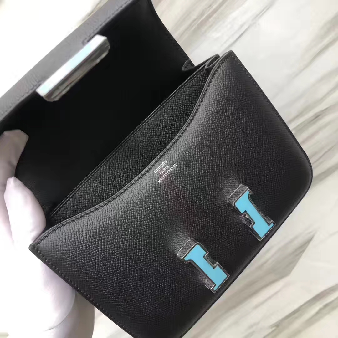 スポットエルメスコンスタンス18CMエルメススチュワーデスバッグCK89ブラックエプソムレザーマカロンエナメルバックル