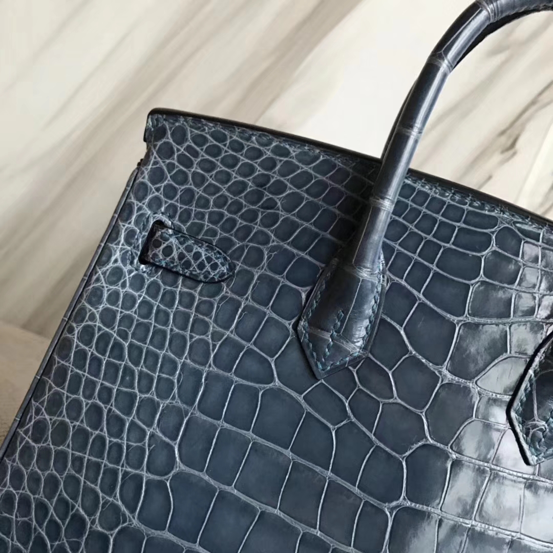 広州バッグ卸売エルメス1Pダックブルー光沢のあるクロコダイルレザープラチナバッグBirkin25CMゴールドバックル