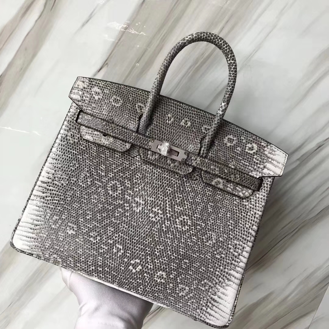 エルメスバッグカスタムエルメスリザードスキンプラチナバッグBirkin25CM01プライマリーカラーインポートされた光沢のあるリザードスキンシルバーバックル