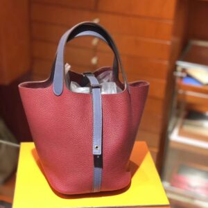 ピコタン展示|エルメスカラーブロックベジタブルバスケットバッグエルメスピコチン18/22CMザクロレッドとエレクトリックブルークレマンスレザーシルバーバックル