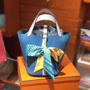 ピコタン展示|エルメスカラーマッチングベジタブルバスケットバッグエルメスデニムブルーマッチCK10ミルクシェイクホワイトピコチン18/22CMシルバーバックル