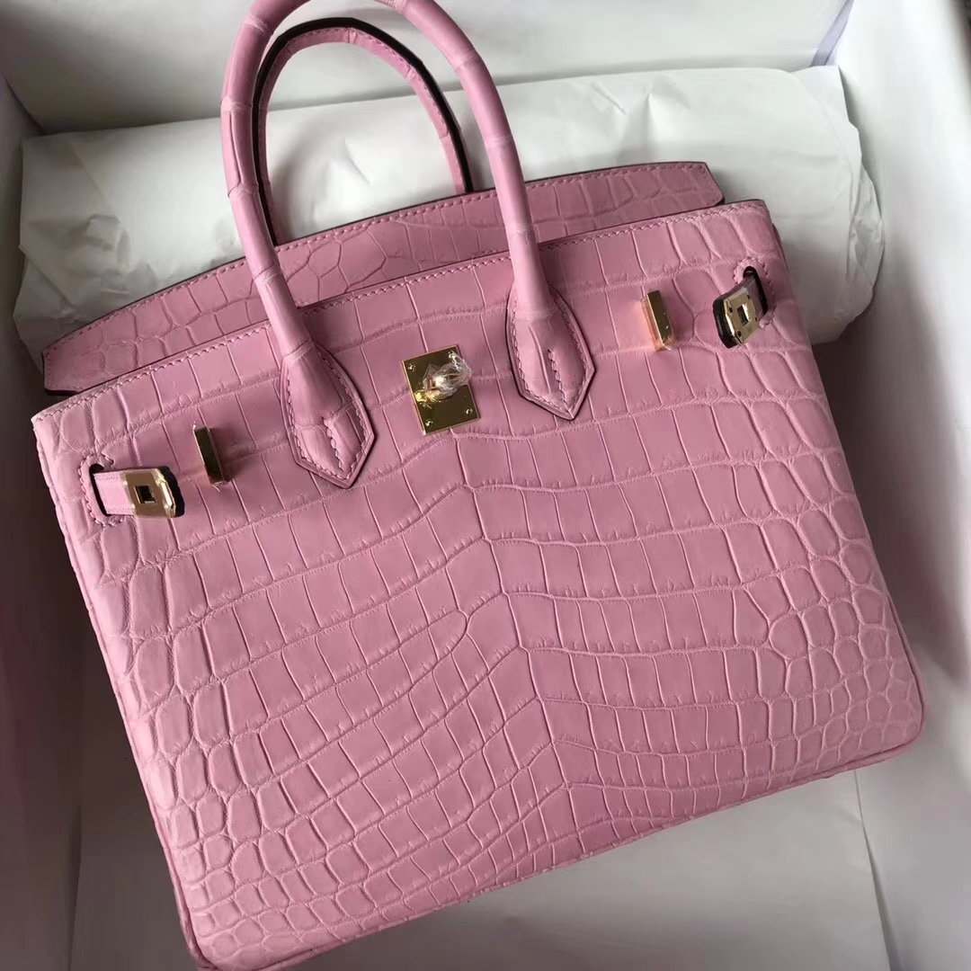 エルメスバーキンバッグエルメス5PチェリーブロッサムパウダートップマットクロコダイルレザープラチナバッグBirkin25CMゴールドバックル