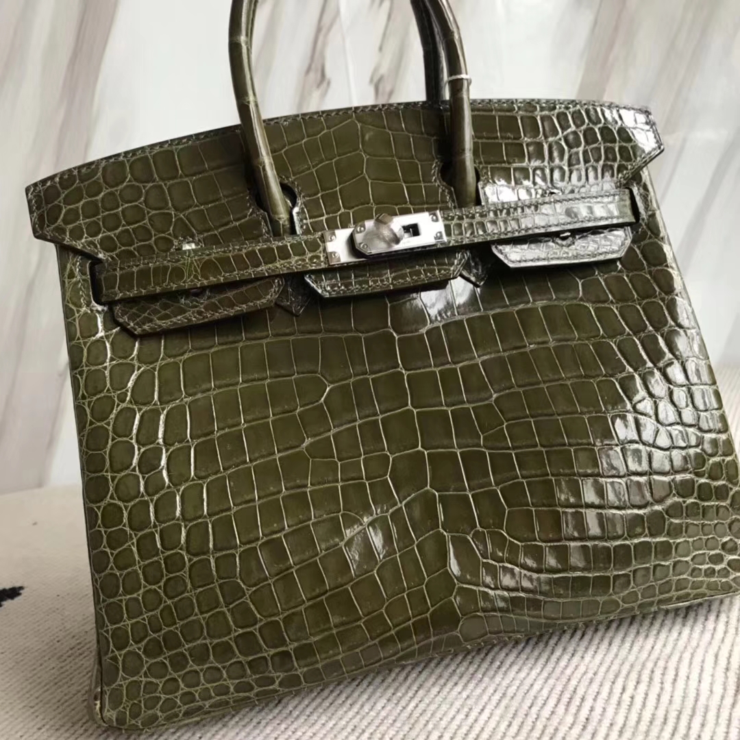 エルメスBirkin25CMエルメス輸入光沢クロコダイルレザープラチナバッグ6Hオリーブグリーンシルバーバックル