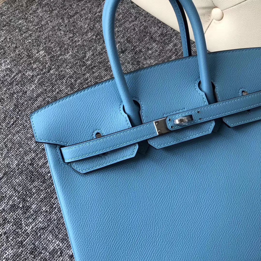 スポットエルメスバッグ卸売エルメスP3ノーザンブルーパームグレイン牛革プラチナバッグBirkin25CMシルバーバックル