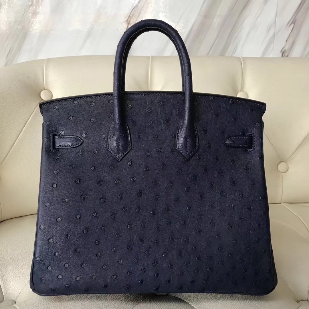 広州白雲皮具城エルメスエルメスCK73サファイアブルーKKオーストリッチレザープラチナバッグBirkin25CMシルバーバックル