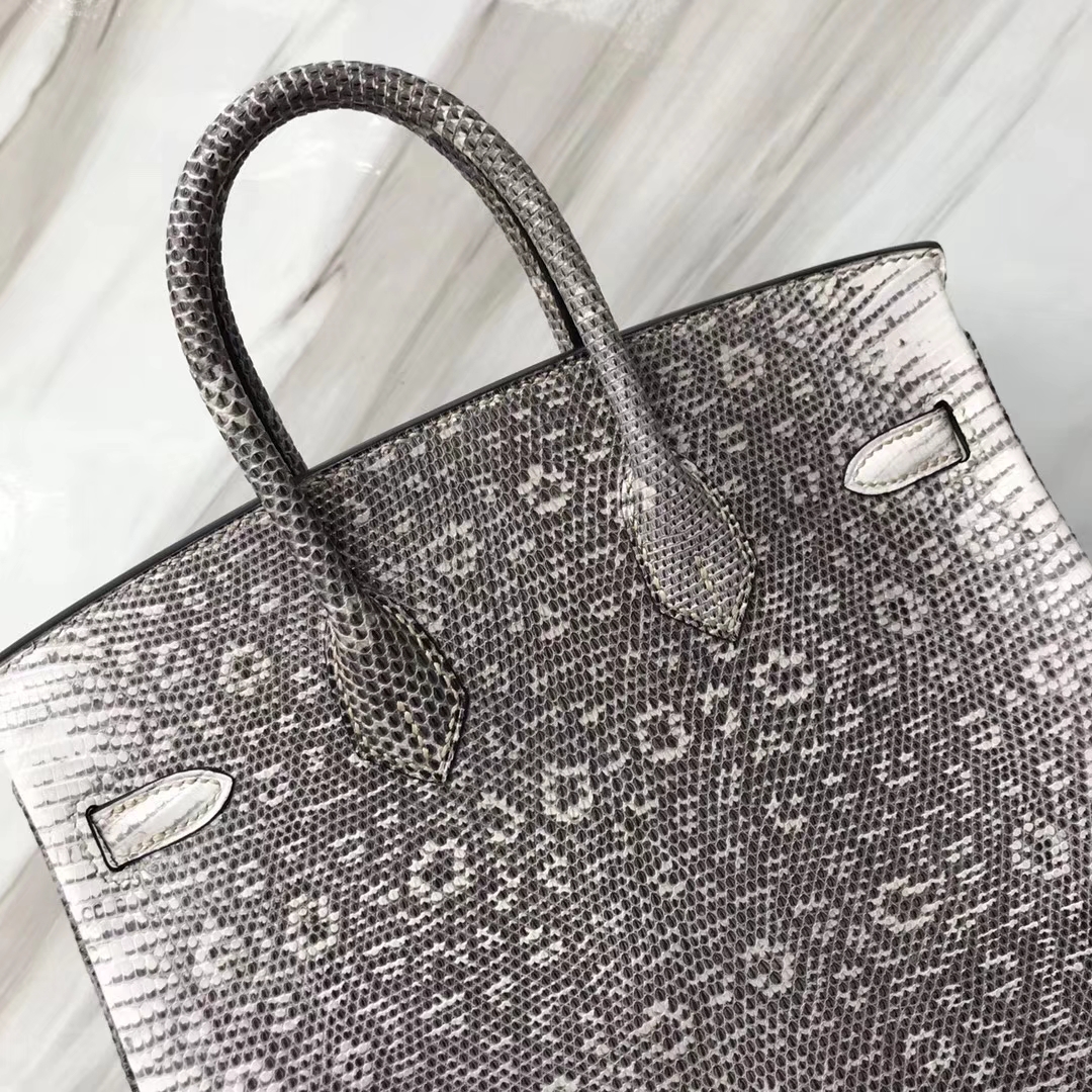 エルメスバッグカスタムエルメスリザードスキンプラチナバッグBirkin25CM01プライマリーカラーインポートされた光沢のあるリザードスキンシルバーバックル