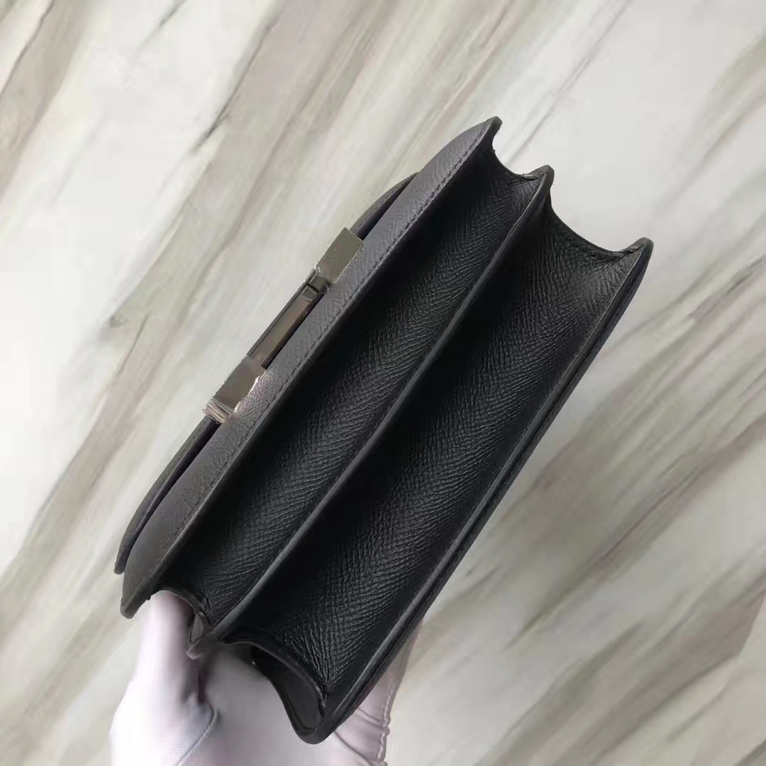 スポットエルメスコンスタンス18CMエルメススチュワーデスバッグCK89ブラックエプソムレザーマカロンエナメルバックル
