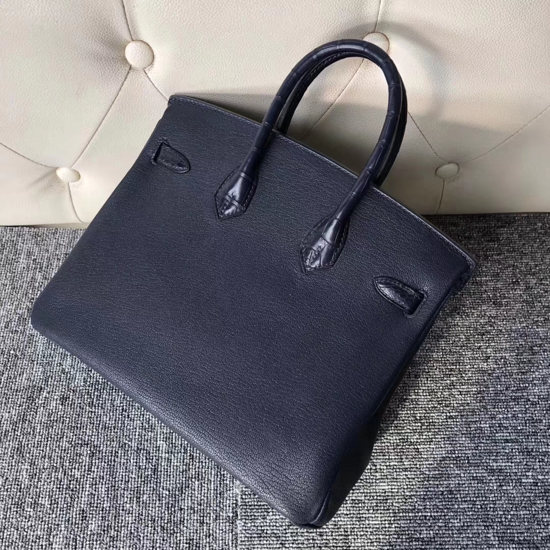 スポットエルメスタッチシリーズプラチナバッグエルメスディープシーブルークロコダイルレザーとヤギレザーBirkin25CMローズゴールドバックル