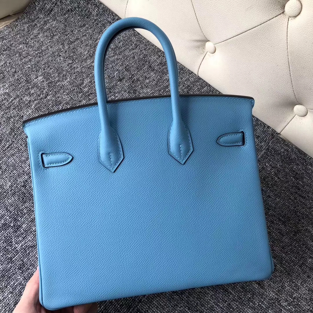 スポットエルメスバッグ卸売エルメスP3ノーザンブルーパームグレイン牛革プラチナバッグBirkin25CMシルバーバックル