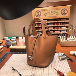 ピコタン展示｜エルメスバケットバッグエルメスオリジナルクレマンスレザーピコチンベジタブルバスケットバッグ2Hゴールドブラウンシルバーバックル