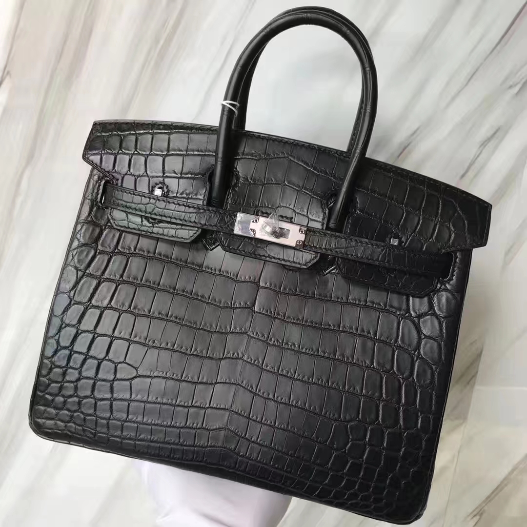 スポットエルメスバーキンレディースバッグエルメスマットクロコダイルレザーCK89ブラックプラチナバッグBirkin25CMシルバーバックル