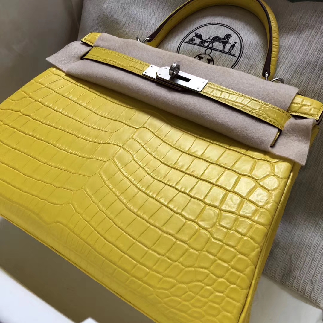 エルメスケリーバッグカスタムエルメスオリジナルマットクロコダイルレザーケリーレディースバッグ28CM9Rレモンイエローシルバーバックル