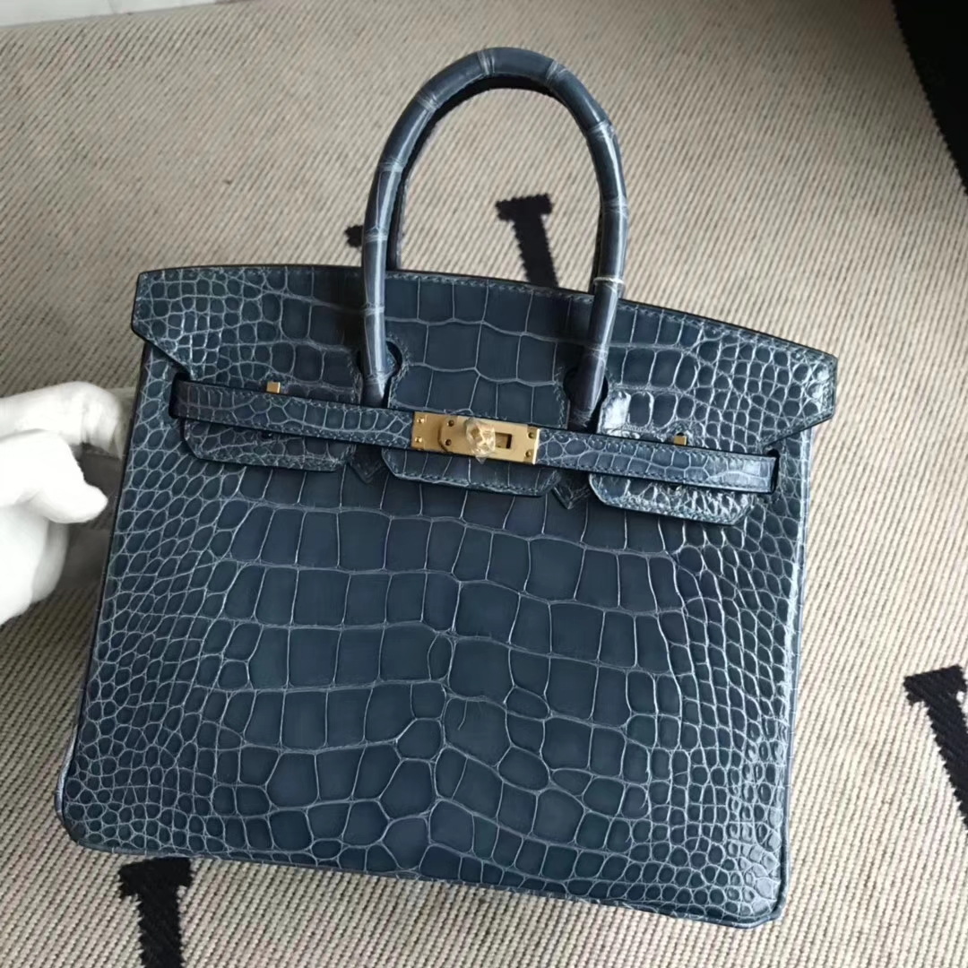 広州バッグ卸売エルメス1Pダックブルー光沢のあるクロコダイルレザープラチナバッグBirkin25CMゴールドバックル