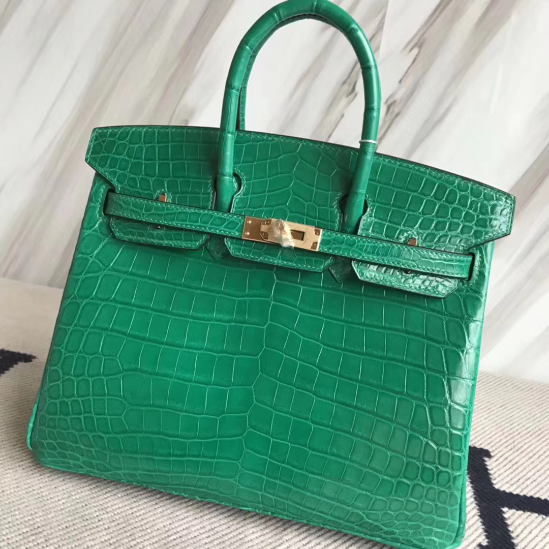 広州バッグ卸売エルメス6Qエメラルドグリーン光沢のあるクロコダイルレザープラチナバッグBirkin25CMゴールドバックル