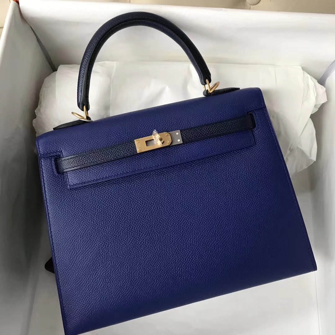 エルメスケリーウィメンズバッグエルメスケリー25CM7Tエレクトリックブルー/ダークブルーカラーブロックケリーゴールドバックル