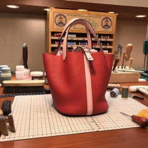 ピコタン展示｜エルメスカラーブロックバケットバッグエルメスオリジナルクレマンスレザーS5トマトレッドスペル3Qピンクピコチンバッグシルバーバックル