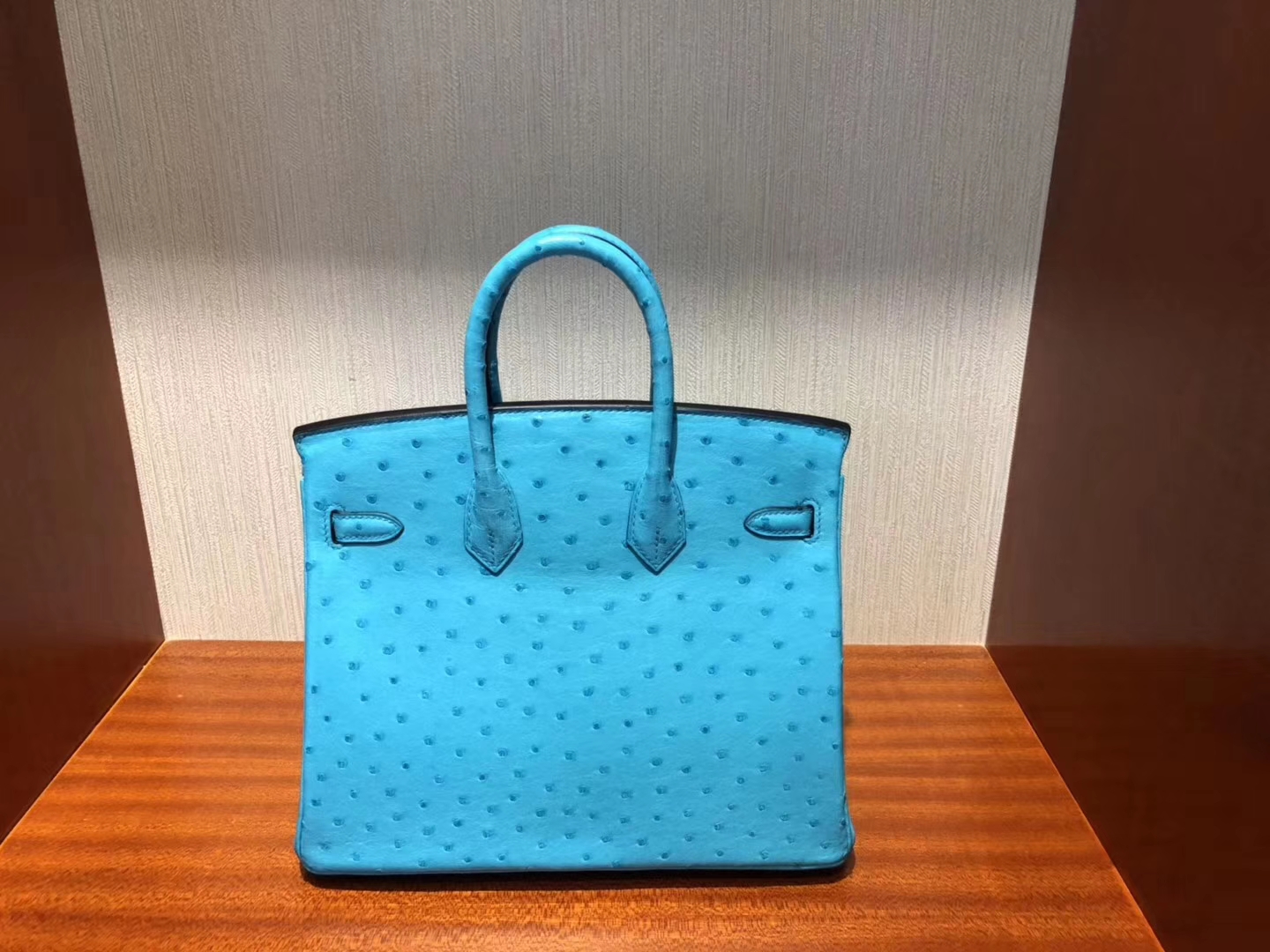 スポットエルメスバーキンレディースバッグエルメストップKKオーストリッチレザープラチナバッグBirkin25CM3Pマカロンブルーシルバーバックル