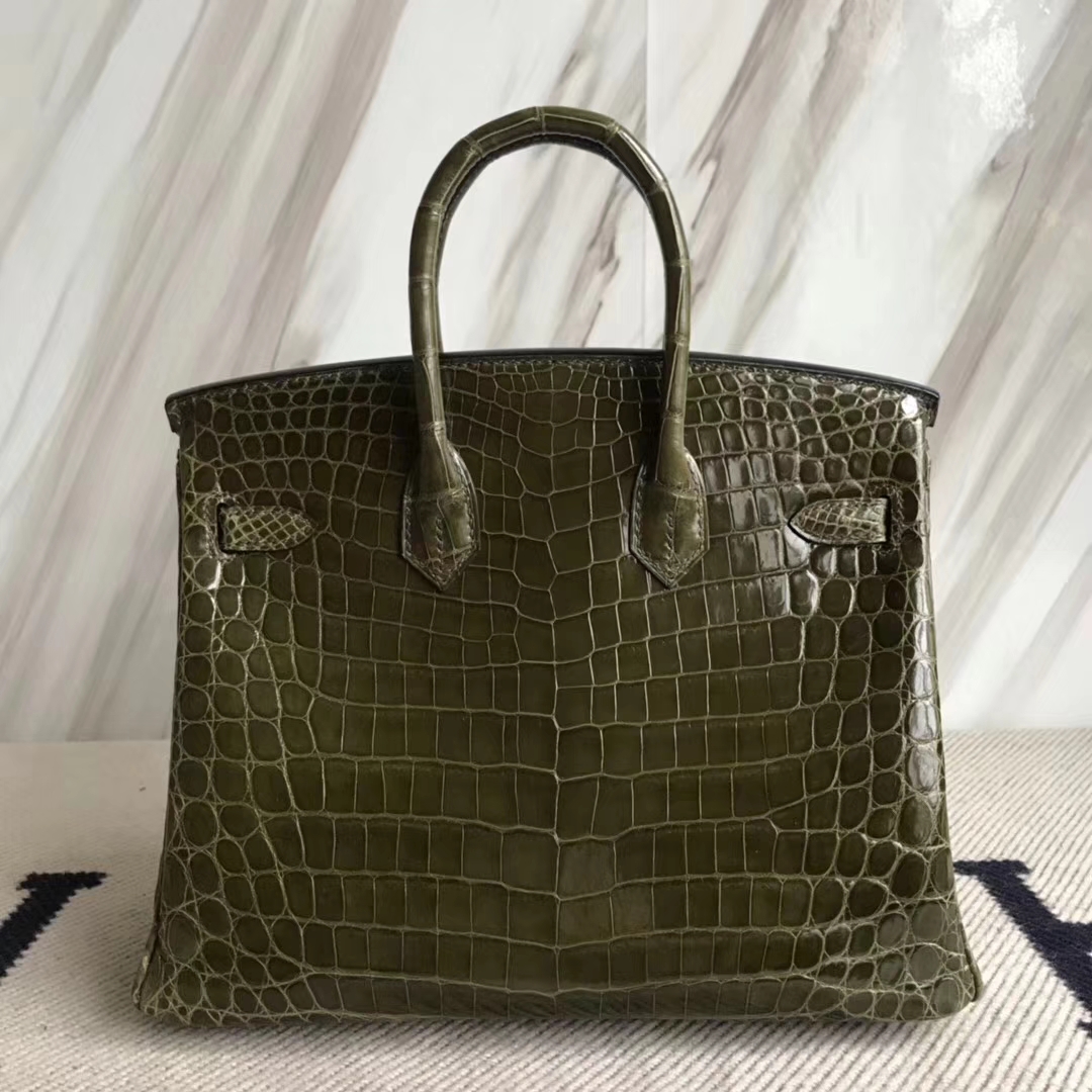 エルメスBirkin25CMエルメス輸入光沢クロコダイルレザープラチナバッグ6Hオリーブグリーンシルバーバックル