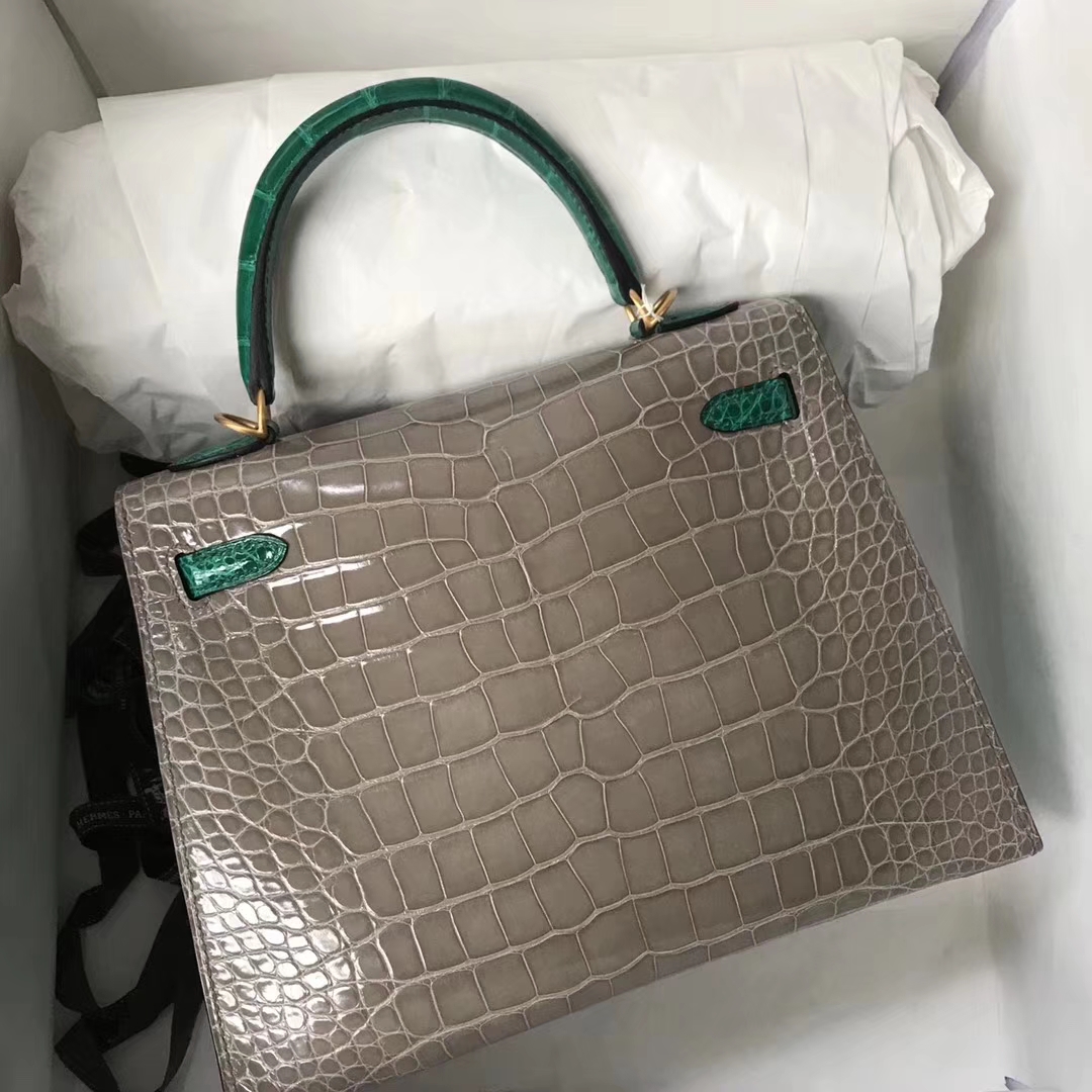 エルメスカラーブロッキングケリーバッグエルメスケリー25CMCK81タートルドーブグレー/6Qエメラルドグリーン光沢のあるクロコダイルレザーゴールドバックル