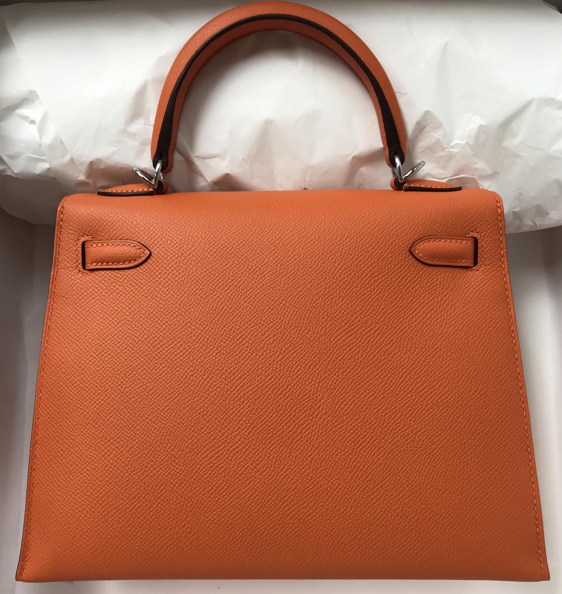 スポットエルメスケリーバッグサイズエルメスオリジナルエプソムレザーKelly25CM93オレンジシルバーバックル