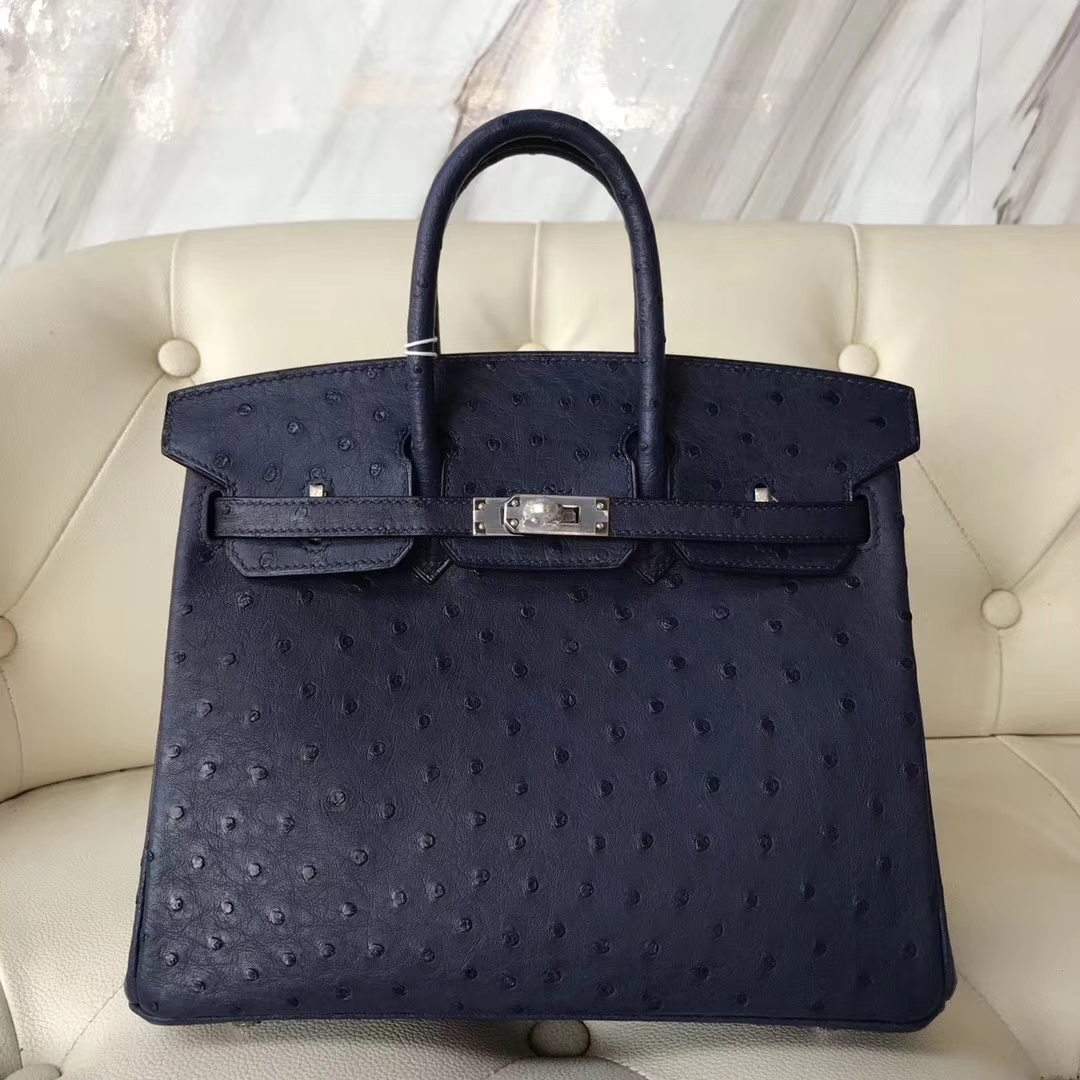 広州白雲皮具城エルメスエルメスCK73サファイアブルーKKオーストリッチレザープラチナバッグBirkin25CMシルバーバックル