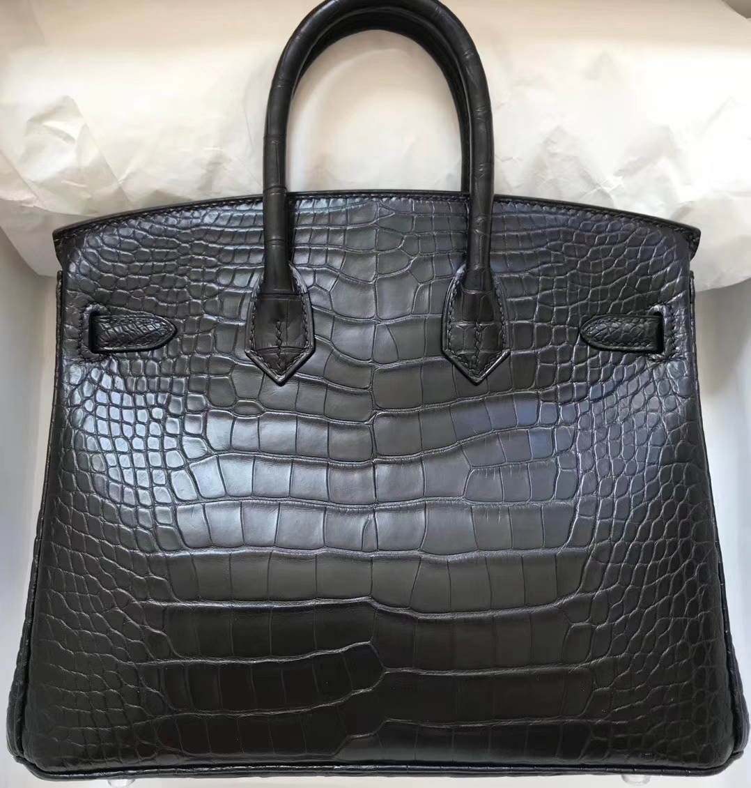 スポットエルメスBirkin25CMエルメスck89ブラックマットクロコダイルレザープラチナバッグシルバーバックル