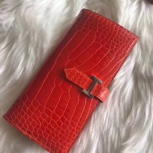 財布・小物展示|エルメウォレットエルメスレッドシャイニークロコダイルレザーHバックルベアンウォレットブレザーゴールドバックル