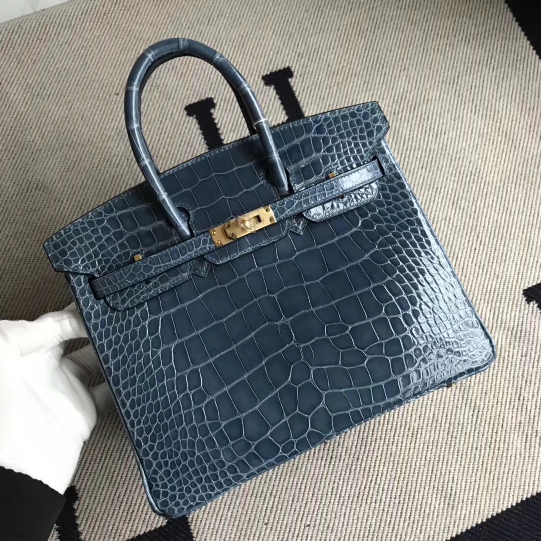 広州バッグ卸売エルメス1Pダックブルー光沢のあるクロコダイルレザープラチナバッグBirkin25CMゴールドバックル