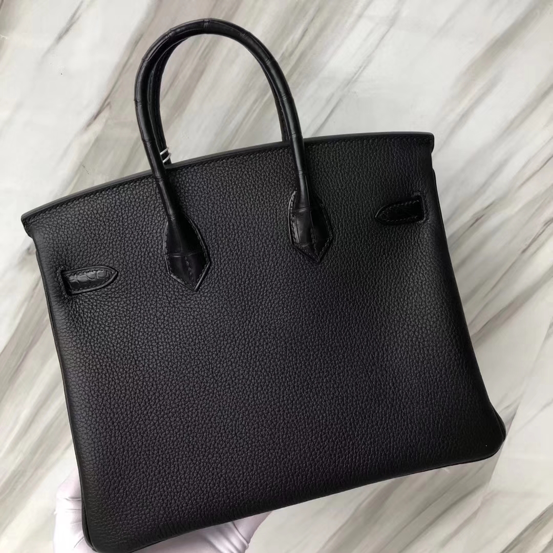 スポットエルメスタッチシリーズプラチナバッグエルメスブラックレザーステッチクロコダイルレザーBirkin25CMローズゴールドバックル