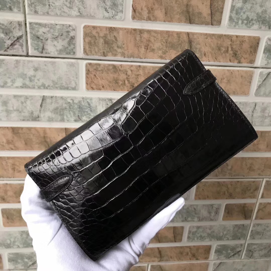 エルメスウォレット価格ケリーウォレットCK89ブラックシャイニークロコダイルレザーウォレットクラッチシルバーバックル