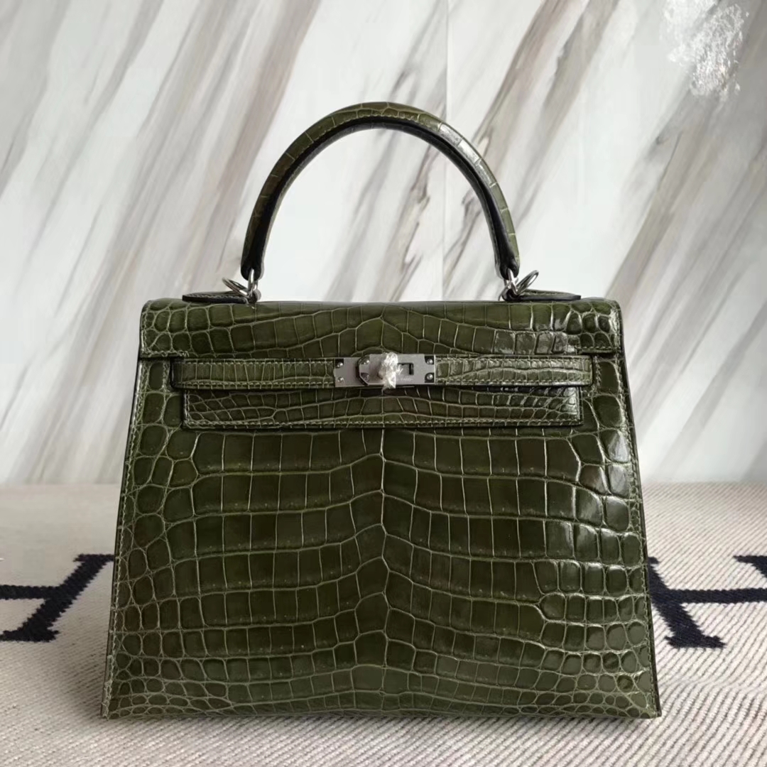スポットエルメスバッグ価格エルメス光沢のあるクロコダイルスキンケリーバッグKelly25CM6Hオリーブグリーンシルバーバックル