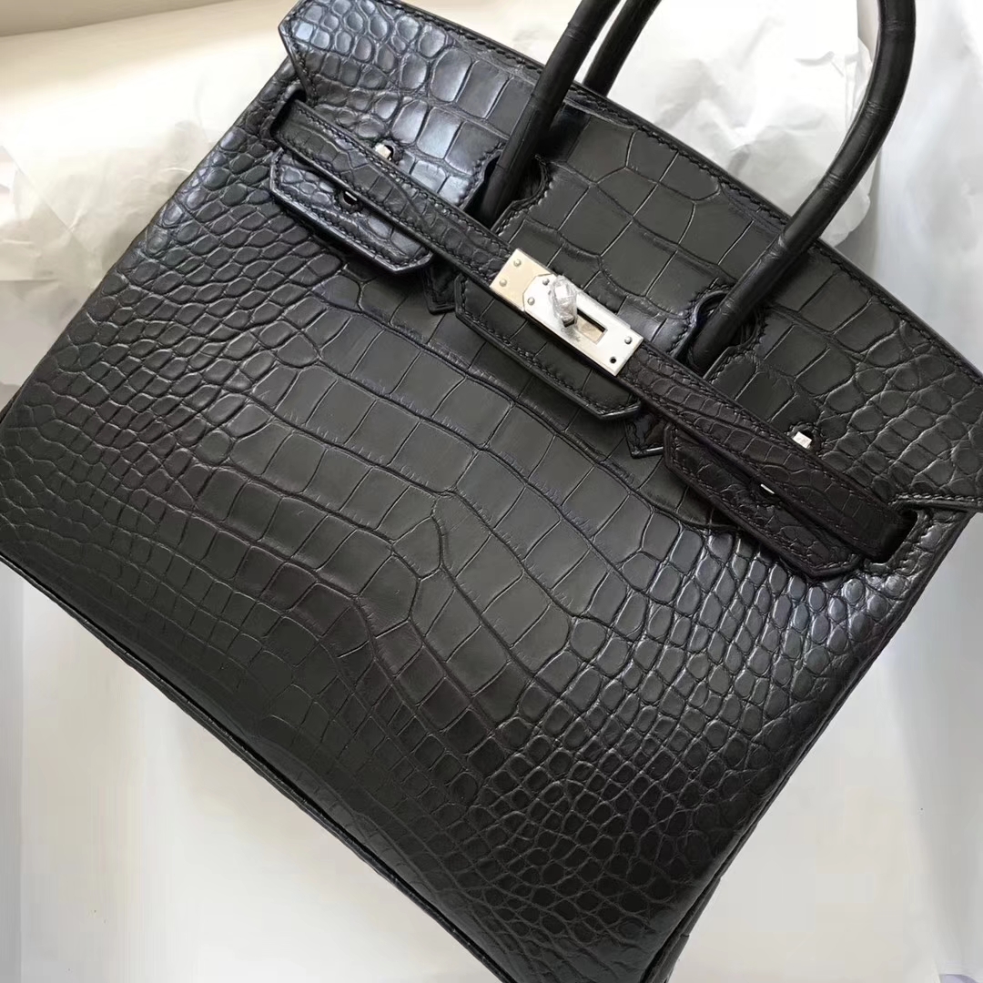 スポットエルメスBirkin25CMエルメスck89ブラックマットクロコダイルレザープラチナバッグシルバーバックル