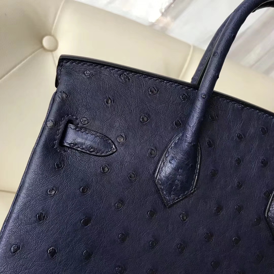 広州白雲皮具城エルメスエルメスCK73サファイアブルーKKオーストリッチレザープラチナバッグBirkin25CMシルバーバックル