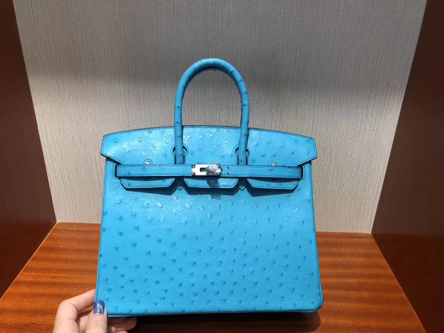 スポットエルメスバーキンレディースバッグエルメストップKKオーストリッチレザープラチナバッグBirkin25CM3Pマカロンブルーシルバーバックル