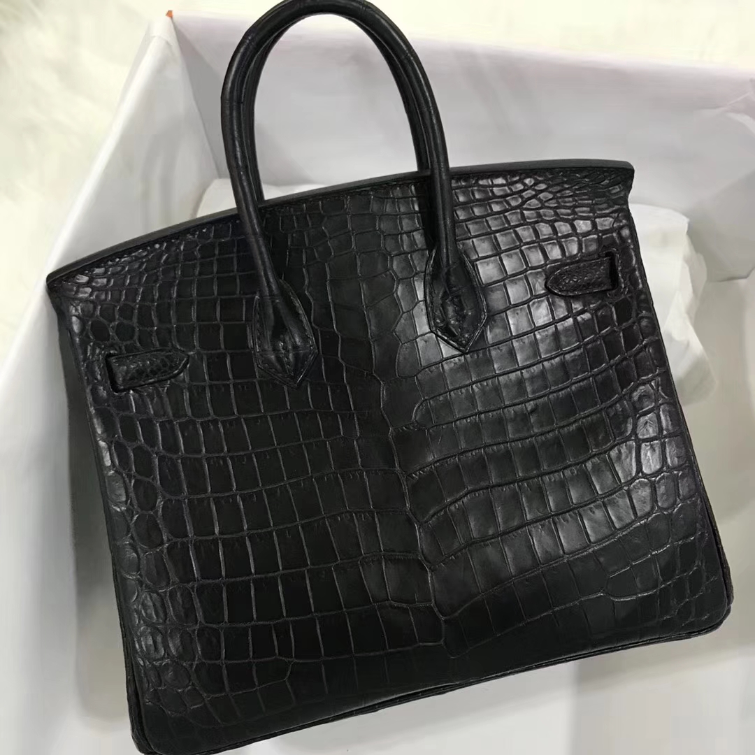 エルメスバーキンバッグエルメスブラックマットクロコダイルレザープラチナバッグBirkin25CMシルバーバックル