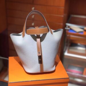 ピコタン展示|エルメスカラーブロックバケットバッグエルメスパールグレーとゴールドブラウンクレマンスレザーピコチンバッグシルバーバックル