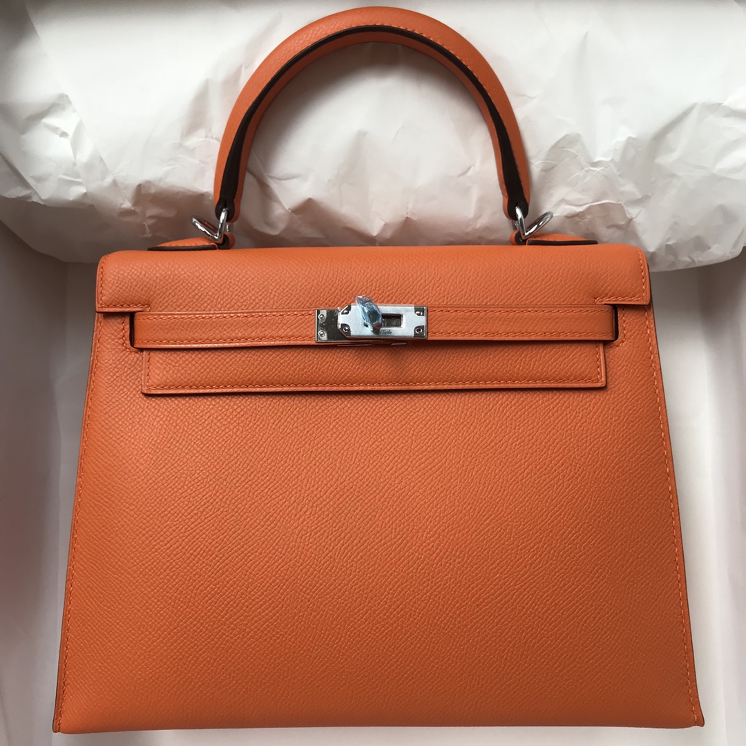 スポットエルメスケリーバッグサイズエルメスオリジナルエプソムレザーKelly25CM93オレンジシルバーバックル