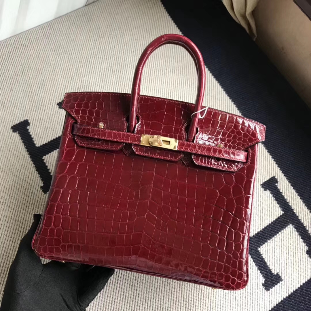 エルメスバーキンバッグエルメスシャイニークロコダイルレザープラチナバッグBirkin25CMF5ブルゴーニュワインレッドゴールドバックル