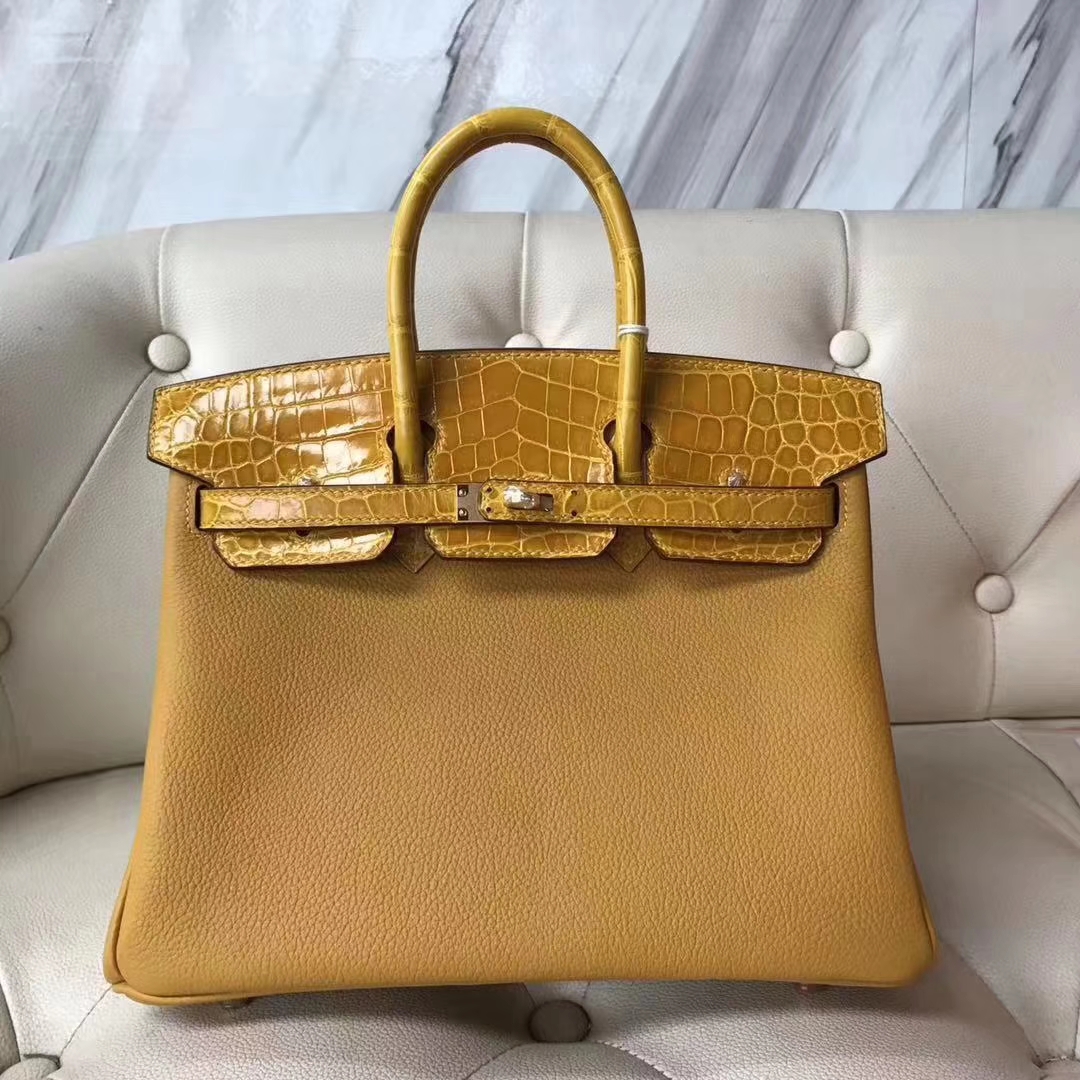 スポットエルメスの新しいプラチナバッグBirkin25CM9Dアンバーイエローカーフレザー、光沢のあるクロコダイルレザーゴールドバックル