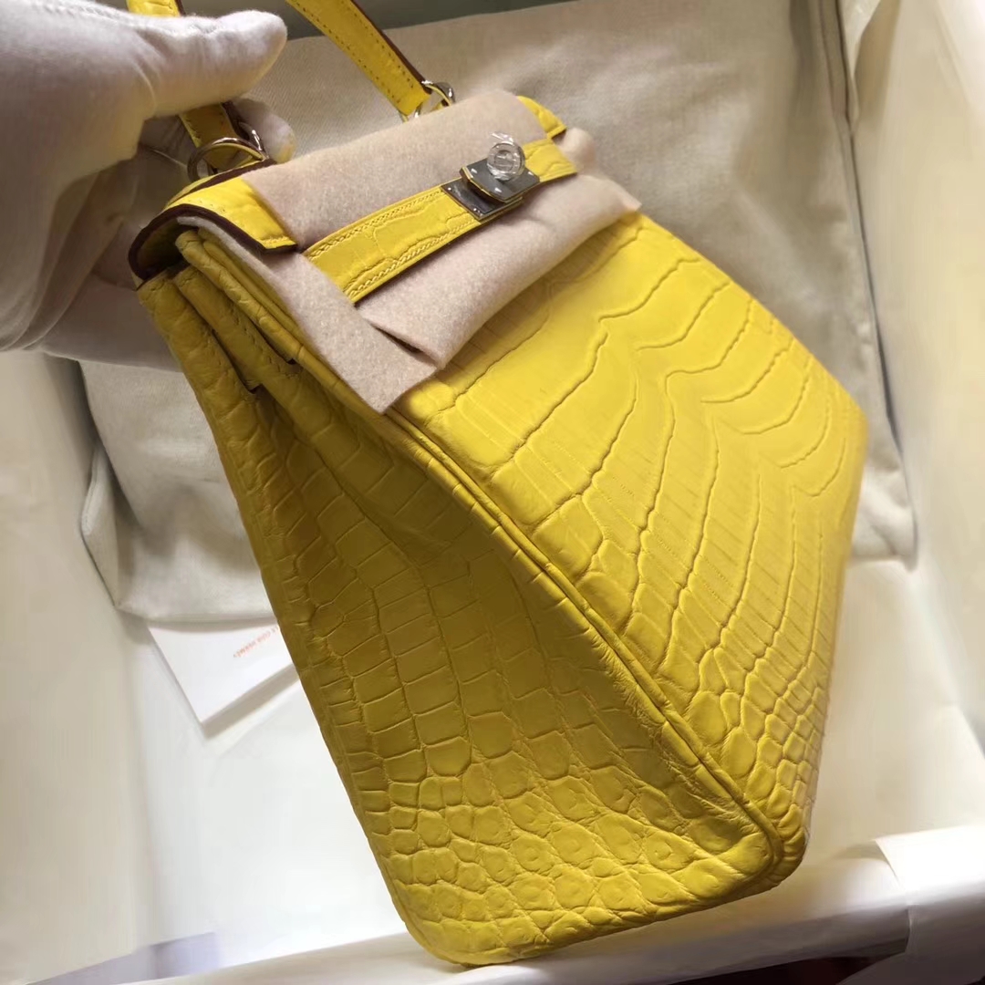 エルメスケリーバッグカスタムエルメスオリジナルマットクロコダイルレザーケリーレディースバッグ28CM9Rレモンイエローシルバーバックル