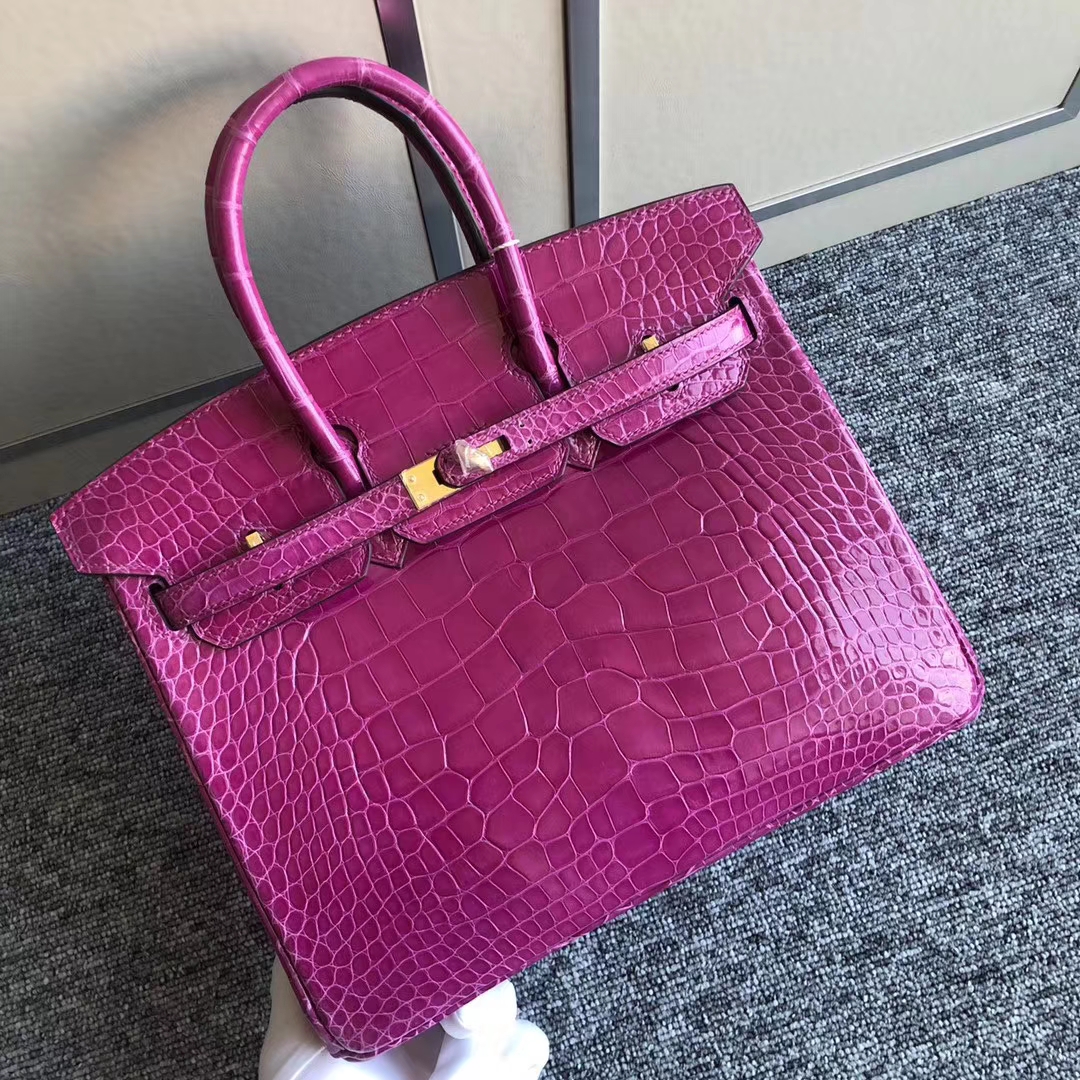 スポットエルメスバーキンバッグBirkin25cmJ5アラビアンナイトピンクパープルシャイニークロコダイルレザープラチナバッグゴールドバックル