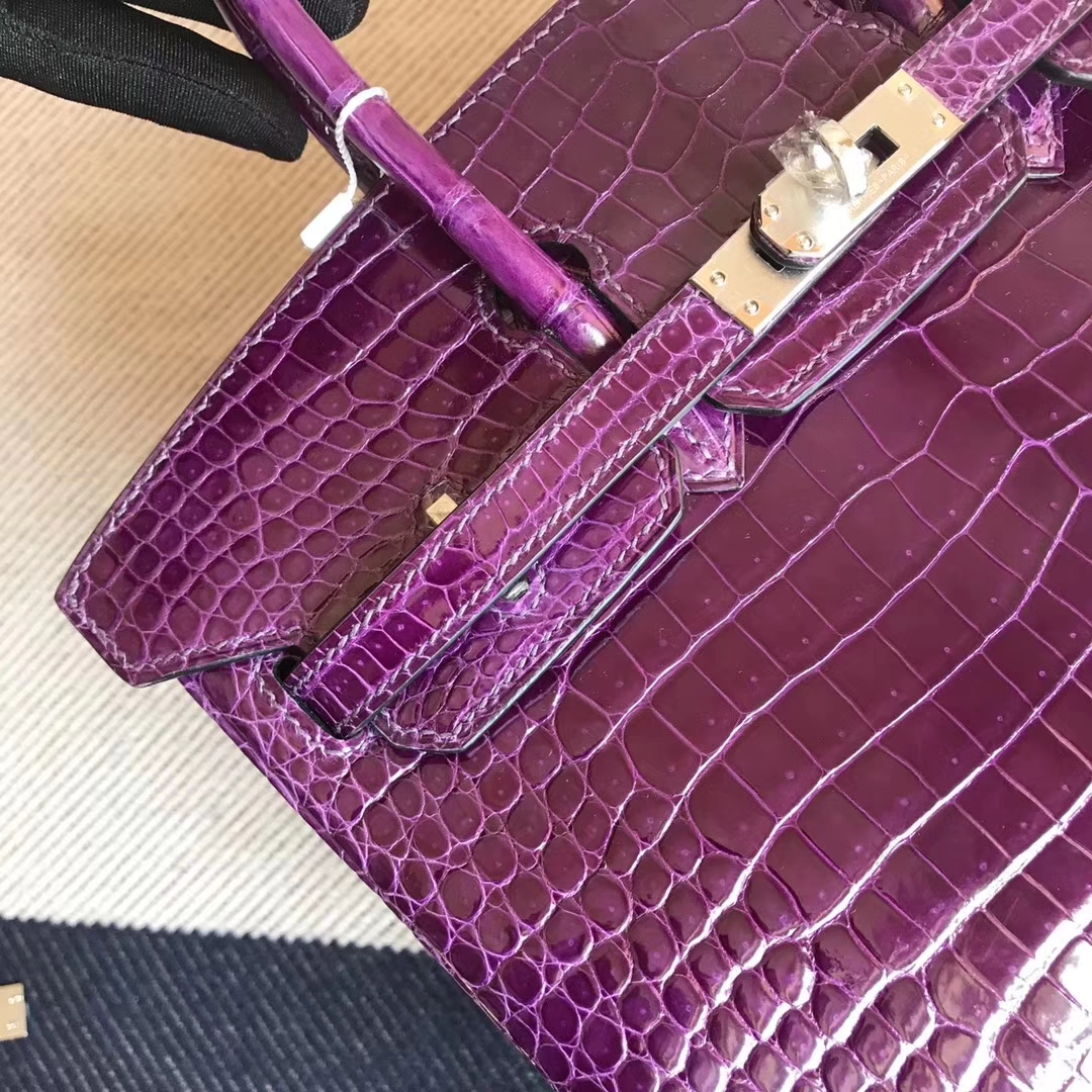 エルメスバーキンバッグエルメスシャイニークロコダイルレザープラチナバッグBirkin25CM9Gアメジストシルバーバックル